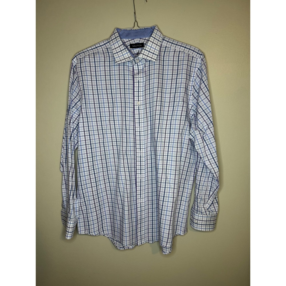 Nautica Plaid Button Down Shirt Blue White Large‎ 16-16.5